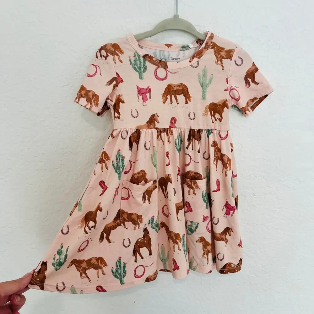 Angel Dear Toddler Girl Western Horse Dress - Pink Bamboo 12-18m